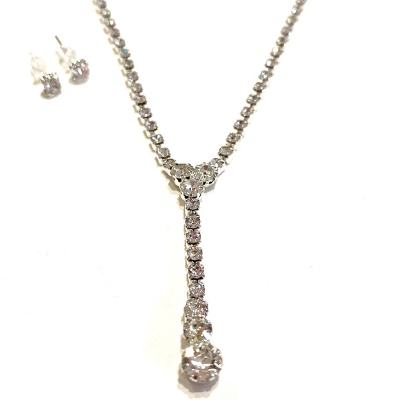 Y Necklace Earrings Set Silver Tone Rhinestone - Picture 4 of 5